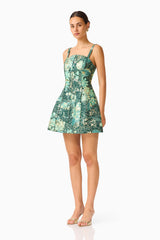 Meliora Tulip Mini Dress in Green Floral with floral jacquard side shot