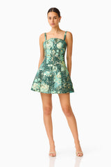Meliora Tulip Mini Dress in Green Floral with floral jacquard posed shot