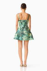 Meliora Tulip Mini Dress in Green Floral with floral jacquard back shot
