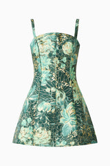 Meliora Tulip Mini Dress in Green Floral with floral jacquard ghost shot