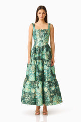 Meliora A-Line Gown in Green Floral with floral jacquard fabrication & square neckline front shot