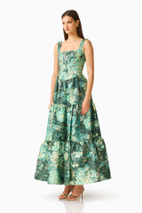 Meliora A-Line Gown in Green Floral with floral jacquard fabrication & square neckline side shot