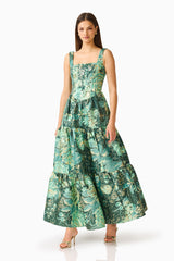 Meliora A-Line Gown in Green Floral with floral jacquard fabrication & square neckline posed shot