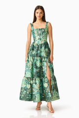 Meliora A-Line Gown in Green Floral with floral jacquard fabrication & square neckline posed shot