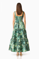 Meliora A-Line Gown in Green Floral with floral jacquard fabrication & square neckline back shot