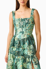 Meliora A-Line Gown in Green Floral with floral jacquard fabrication & square neckline detail shot