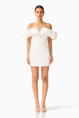 Solae Tulip Mini Dress in White with off the shoulder & bubble neckline front shot