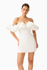 Solae Tulip Mini Dress in White with off the shoulder & bubble neckline close up shot