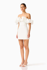 Solae Tulip Mini Dress in White with off the shoulder & bubble neckline side shot
