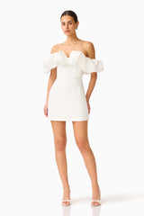 Solae Tulip Mini Dress in White with off the shoulder & bubble neckline posed shot