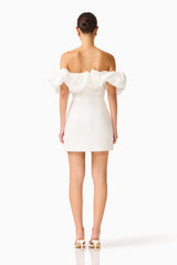 Solae Tulip Mini Dress in White with off the shoulder & bubble neckline & back zipper back shot