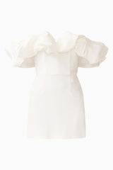 Solae Tulip Mini Dress in White with off the shoulder & bubble neckline ghost shot