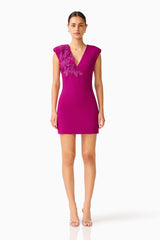 Dahlira Shift Mini Dress in Orchid Pink with v-neckline & 3D floral trim front shot