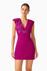 Dahlira Shift Mini Dress in Orchid Pink with v-neckline and 3D floral trim close up shot