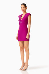 Dahlira Shift Mini Dress in Orchid Pink with v-neckline and 3D floral trim side shot