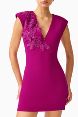 Dahlira Shift Mini Dress in Orchid Pink with v-neckline and 3D floral trim detail shot