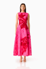 Florentia Textured Jacquard Maxi Dress in Pink and Red with fit & flare silhouette & round neckline front shot