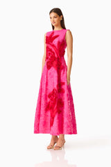 Florentia Textured Jacquard Maxi Dress in Pink and Red with fit & flare silhouette & round neckline side shot