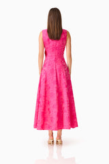 Florentia Textured Jacquard Maxi Dress in Pink and Red with fit & flare silhouette & round neckline back shot