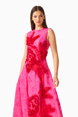Florentia Textured Jacquard Maxi Dress in Pink and Red with fit & flare silhouette & round neckline close up shot