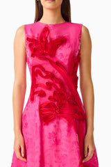 Florentia Textured Jacquard Maxi Dress in Pink and Red with fit & flare silhouette & round neckline detail shot