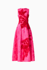 Florentia Textured Jacquard Maxi Dress in Pink and Red with fit & flare silhouette & round neckline ghost shot