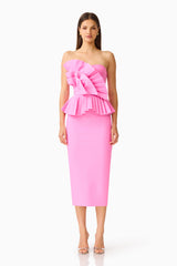 Orelia Pleated Midi Dress in Candy Pink with strapless neckine front shot