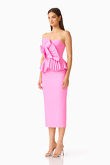 Orelia Pleated Midi Dress in Candy Pink with strapless neckine side shot