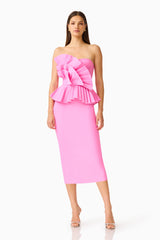 Orelia Pleated Midi Dress in Candy Pink with strapless neckine posed shot