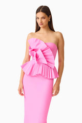 Orelia Pleated Midi Dress in Candy Pink with strapless neckine close up shot
