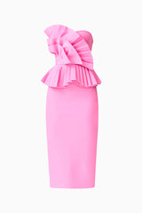 Orelia Pleated Midi Dress in Candy Pink with strapless neckine ghost shot