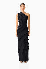 Orelia Asymmetrical Ruffle Gown in Black with one shoulder front shot