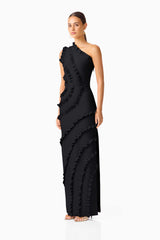 Orelia Asymmetrical Ruffle Gown in Black with one shoulder side shot