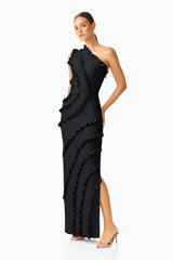 Orelia Asymmetrical Ruffle Gown in Black with one shoulder posed shot
