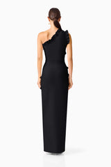Orelia Asymmetrical Ruffle Gown in Black with one shoulder back shot