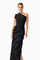 Orelia Asymmetrical Ruffle Gown in Black with one shoulder close up shot