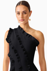 Orelia Asymmetrical Ruffle Gown in Black with one shoulder detail shot