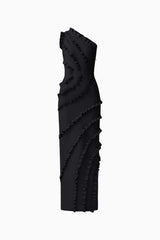 Orelia Asymmetrical Ruffle Gown in Black with one shoulder ghost shot