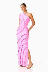 Orelia Asymmetrical Gown in Pink with one shoulder, ruffle detail, side slit posed shot