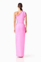Orelia Asymmetrical Gown in Pink with one shoulder neckline, and reuffle top hem