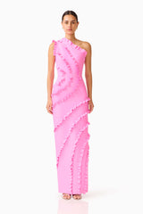 Orelia Asymmetrical Gown in Pink with ruffle detailing and one shoulder neckline