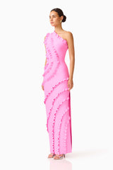 Orelia Asymmetrical Gown in Pink with one shoulder neckline, side slit and reuffle detailing