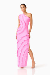 Orelia Asymmetrical Gown in Pink with one shoulder, ruffle detail, side slit posed shot side