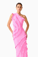 Orelia Asymmetrical Gown in Pink with one shoulder, ruffle detail, side slit posed shot close up