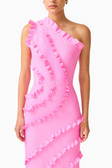 Orelia Asymmetrical Gown in Pink with one shoulder, ruffle detail, up close detail