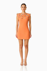 Solae Floral Mini Dress in Orange with metal flower trim front shot