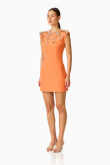 Solae Floral Mini Dress in Orange with metal flower trim side shot