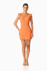 Solae Floral Mini Dress in Orange with metal flower trim posed shot