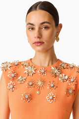 Solae Floral Mini Dress in Orange with metal flower trim detail shot