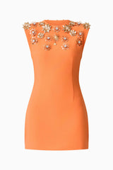 Solae Floral Mini Dress in Orange with metal flower trim ghost shot